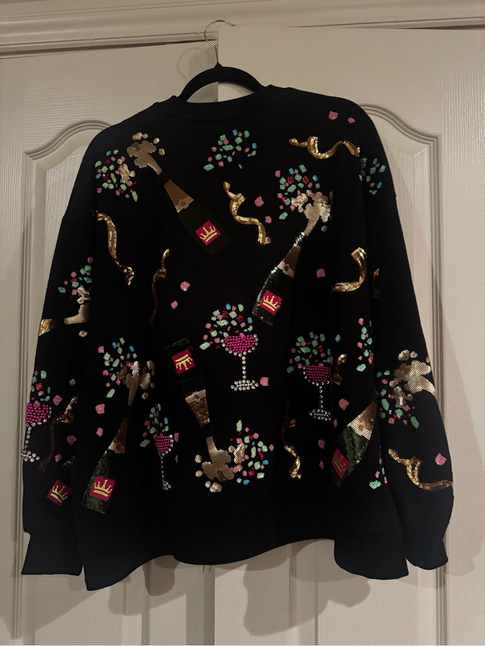 QUEEN OF SPARKLES Black Sequin Champagne Party Sweatshirt - Picture 2 of 2